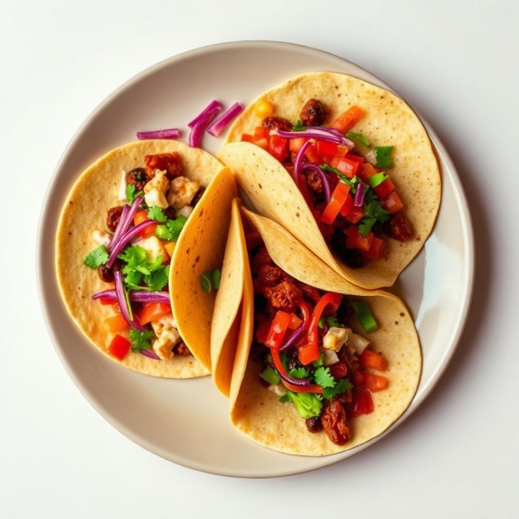 Three colorful street tacos on a plate